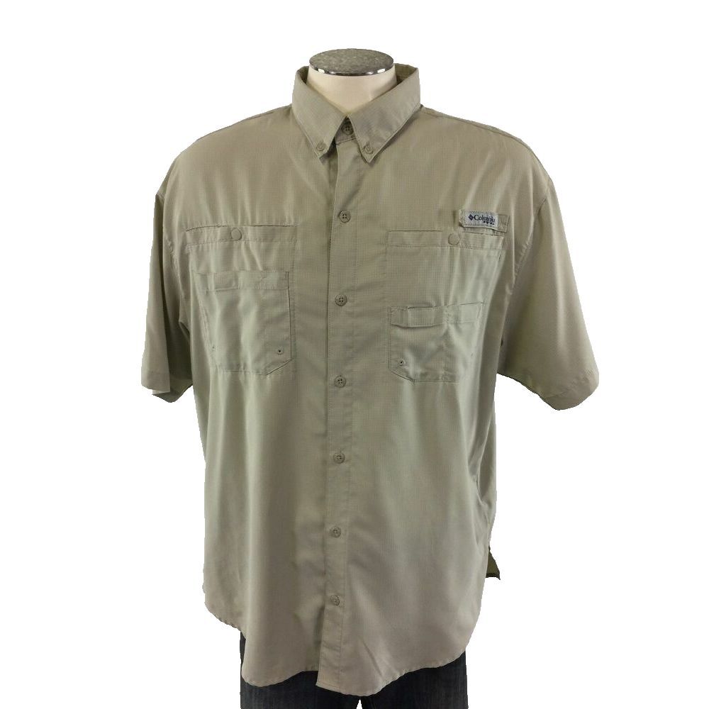 Columbia PFG Button Down Short Sleeve Shirt L Biege Fishing Hiking Mens‎